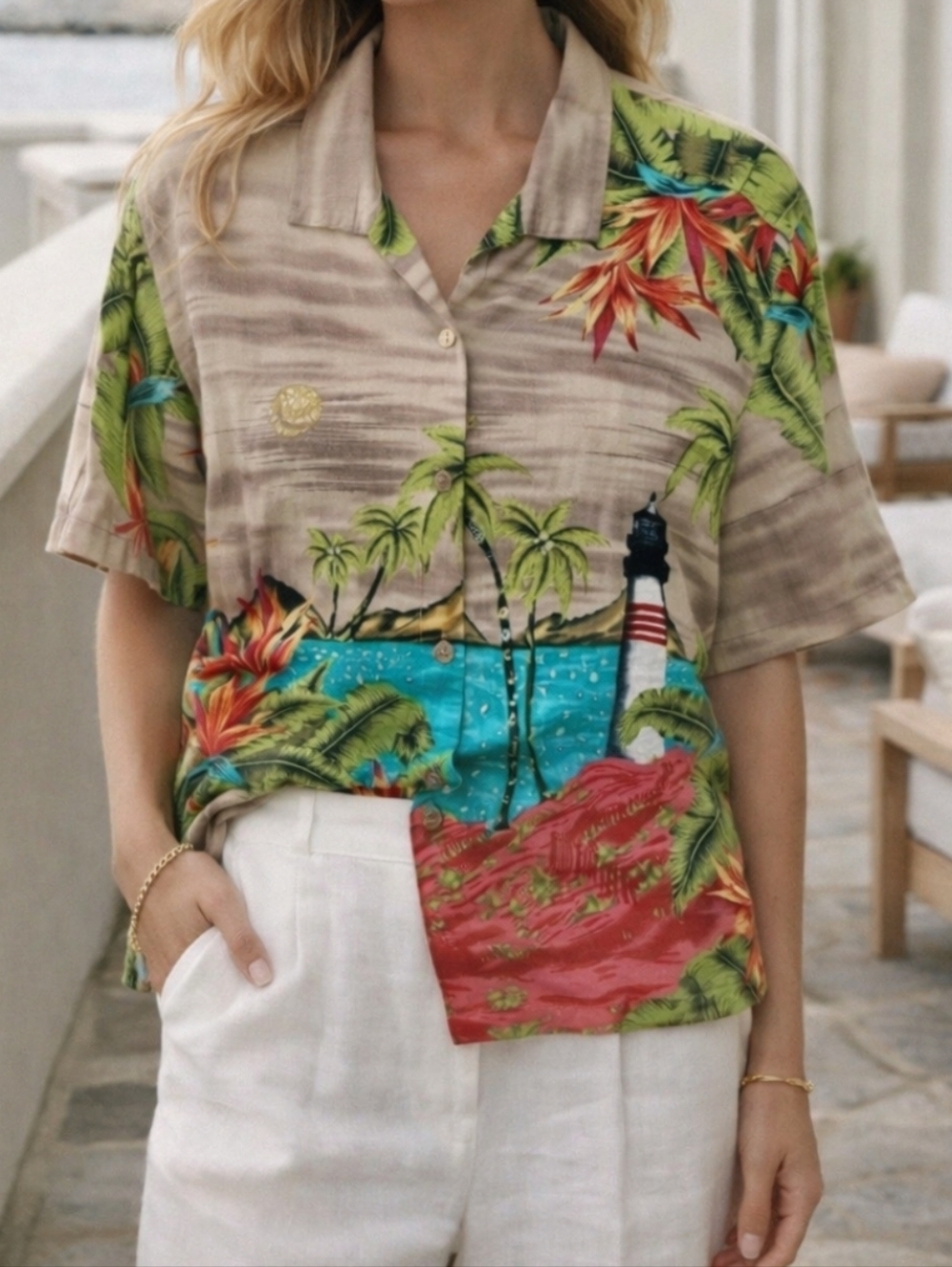Vintage Mureli Tropical Hawaiian Button Up Shirt Sequin Beach Scene Lighthouse